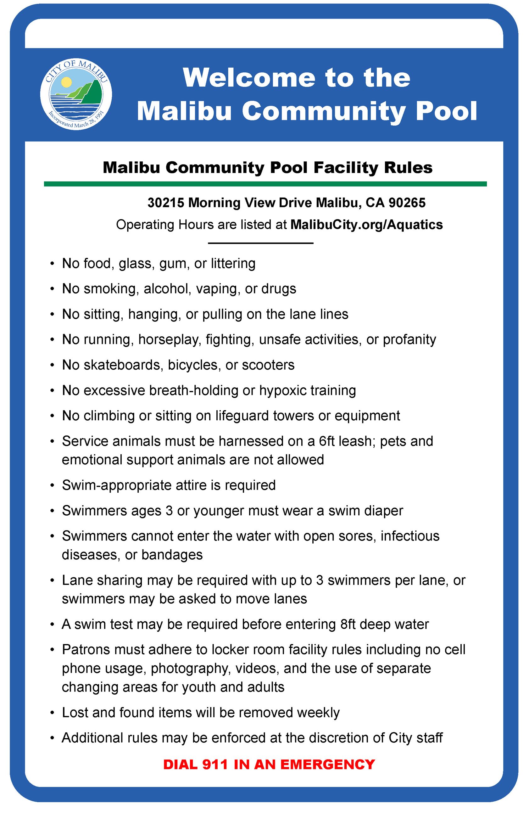 Malibu Community Pool Rules Sign 18x24